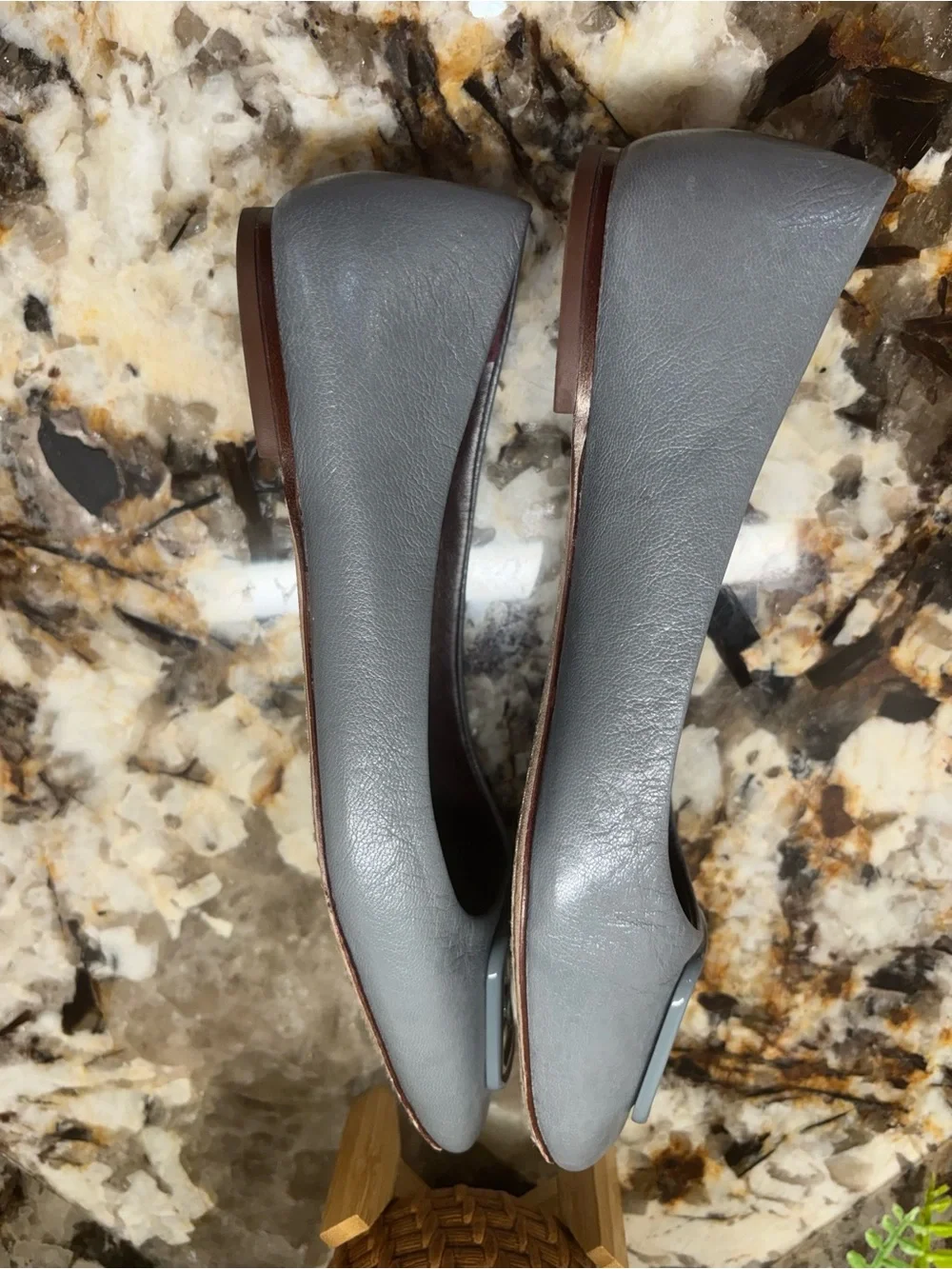 Tory Burch Gray Leather Logo Ballet Flats with Gold-Tone Accent